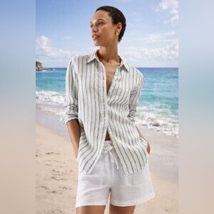 Quince 💯 European Linen Long Oatmeal and Black Striped Button Down Shirt Small